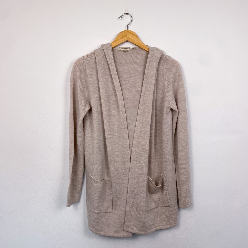 Repeat Merino Wool Hooded Open Front Cardigan Sweater Tan Small
